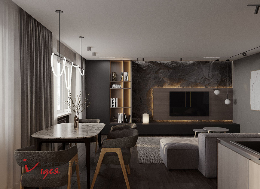 Кухня-студія в темних кольорах