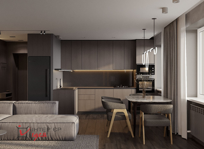 Кухня-студія в темних кольорах