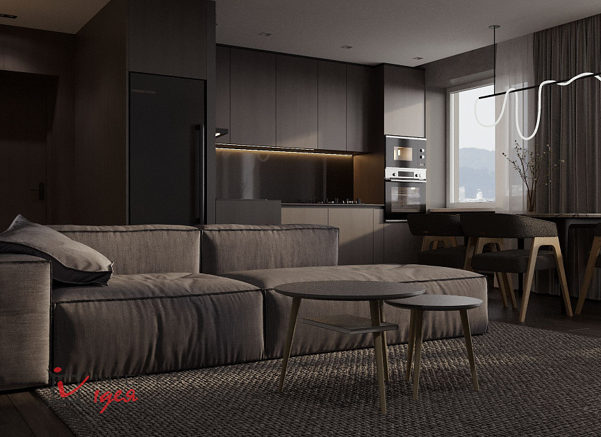 Кухня-студія в темних кольорах