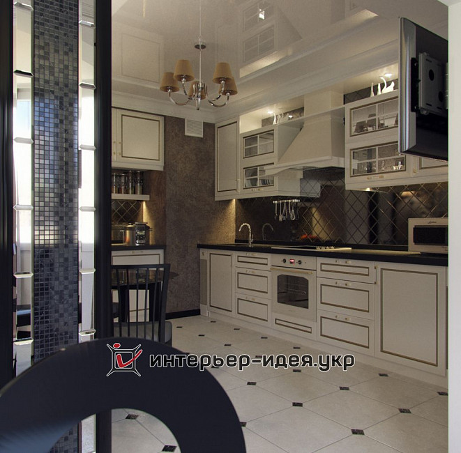 Дизайн вітальні, об'єднаної з кухнею і їдальнею зоною в стилі ар-деко