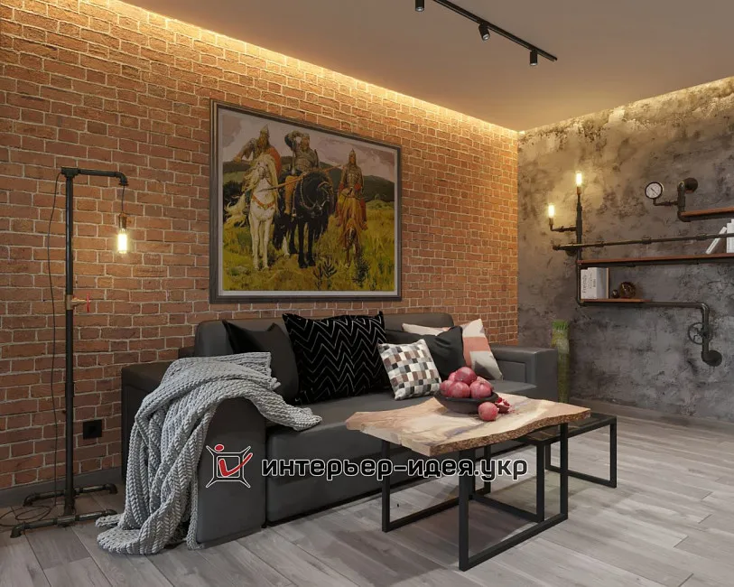 Вітальня і передпокій в стилі лофт для холостяка