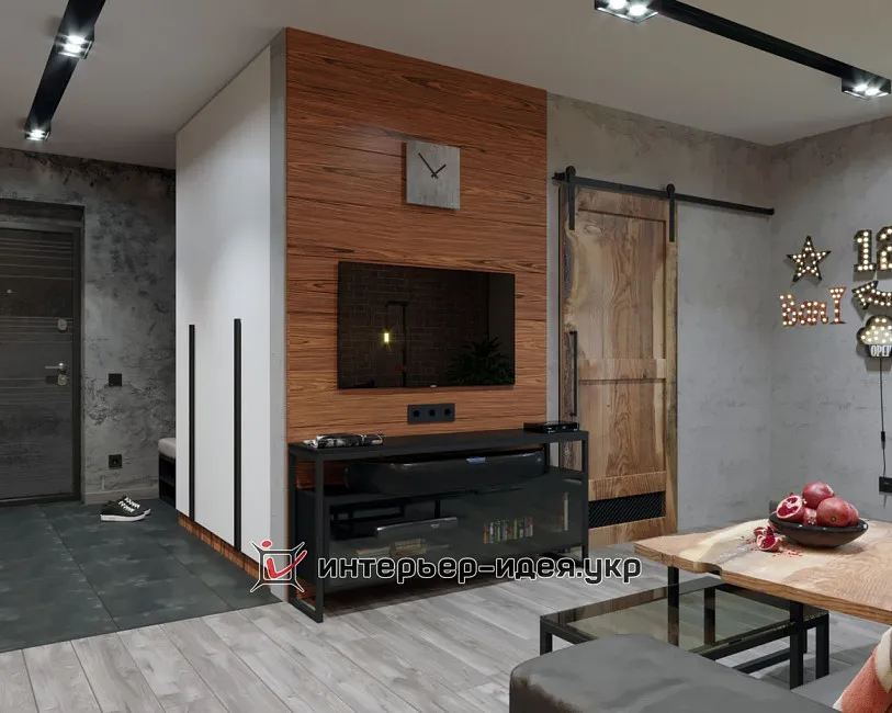 Вітальня і передпокій в стилі лофт для холостяка