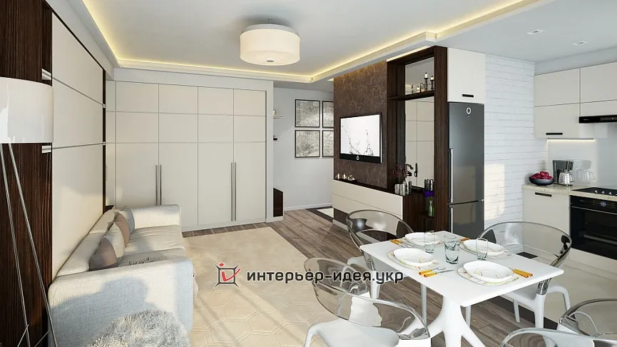 Дизайн компактної кухні-студії в сучасному стилі