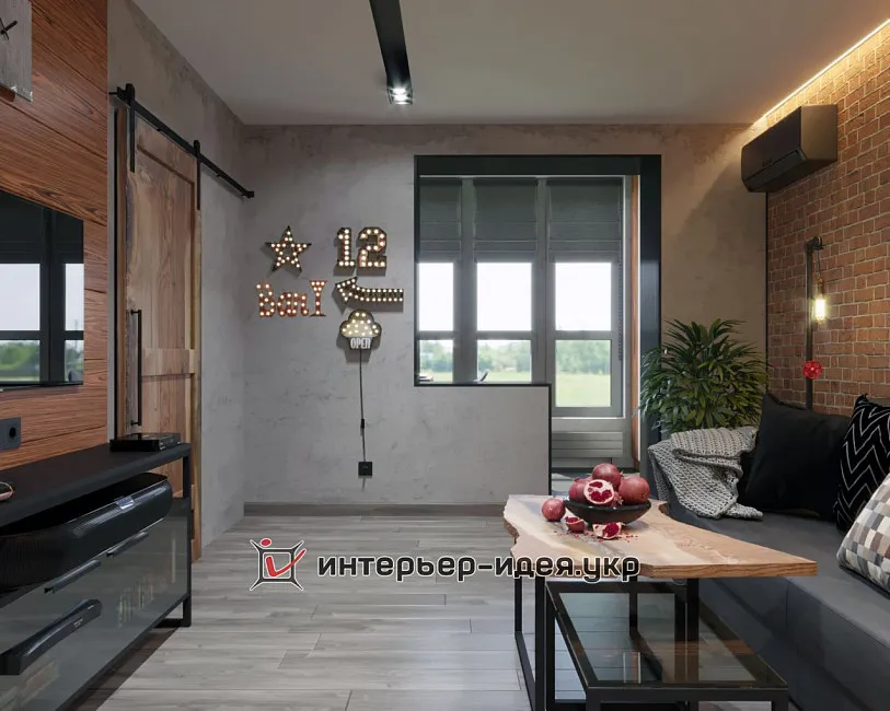 Вітальня і передпокій в стилі лофт для холостяка
